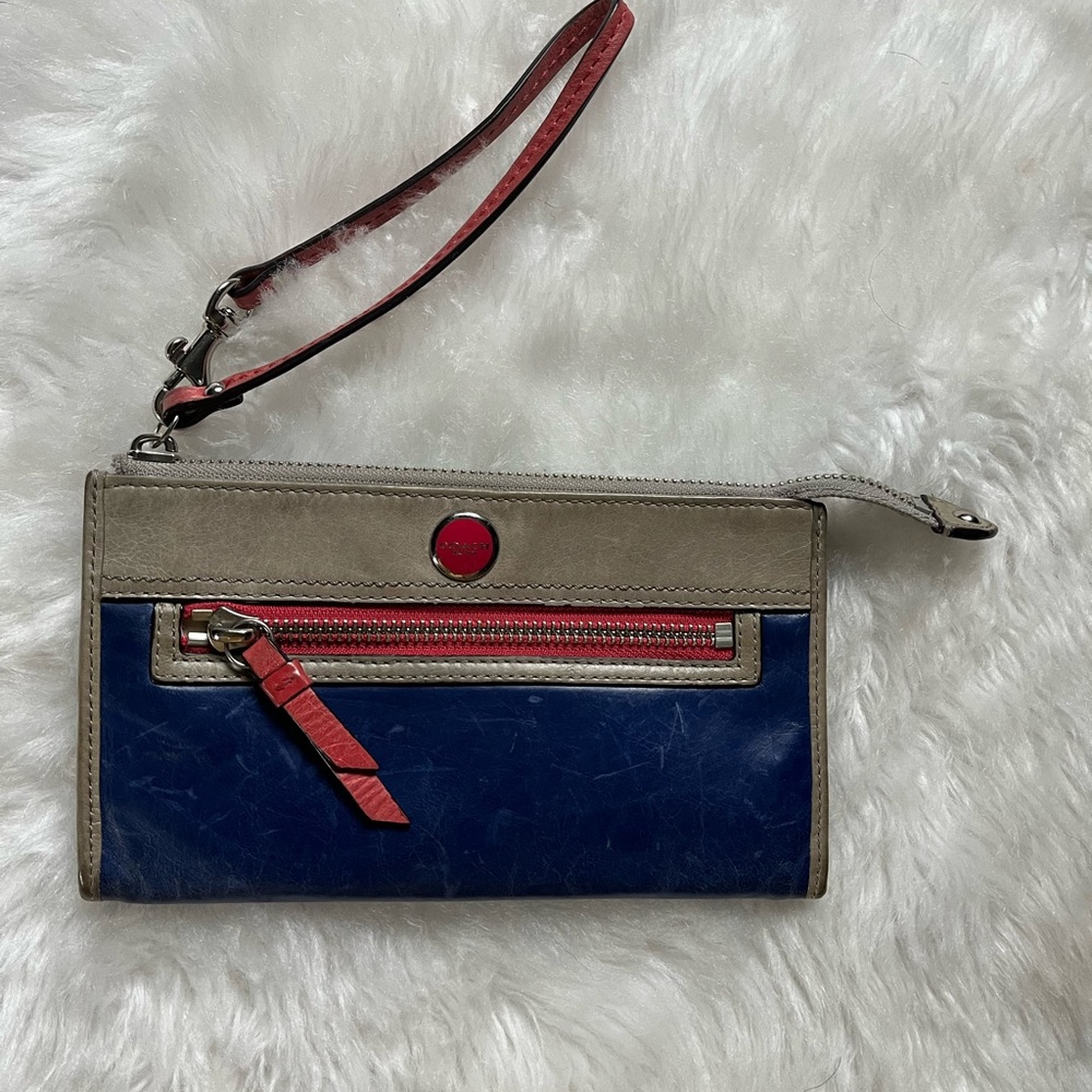 Coach//Blue and Gray Wristlet with Red Accents
